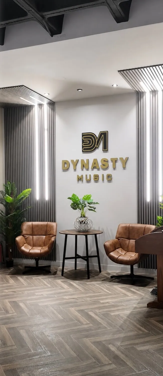 Recepción de Dynasty Music, con el logo dorado en la pared y dos sillones de cuero
